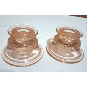 Federal Pink Depression Glass Madrid Pattern Candlestick Holder Vintage Pair